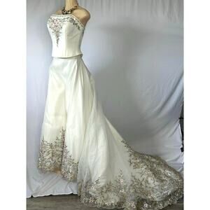 Oleg Cassini 2 piece Embroidered Wedding Dress Strapless Train Ivory Romantic 10